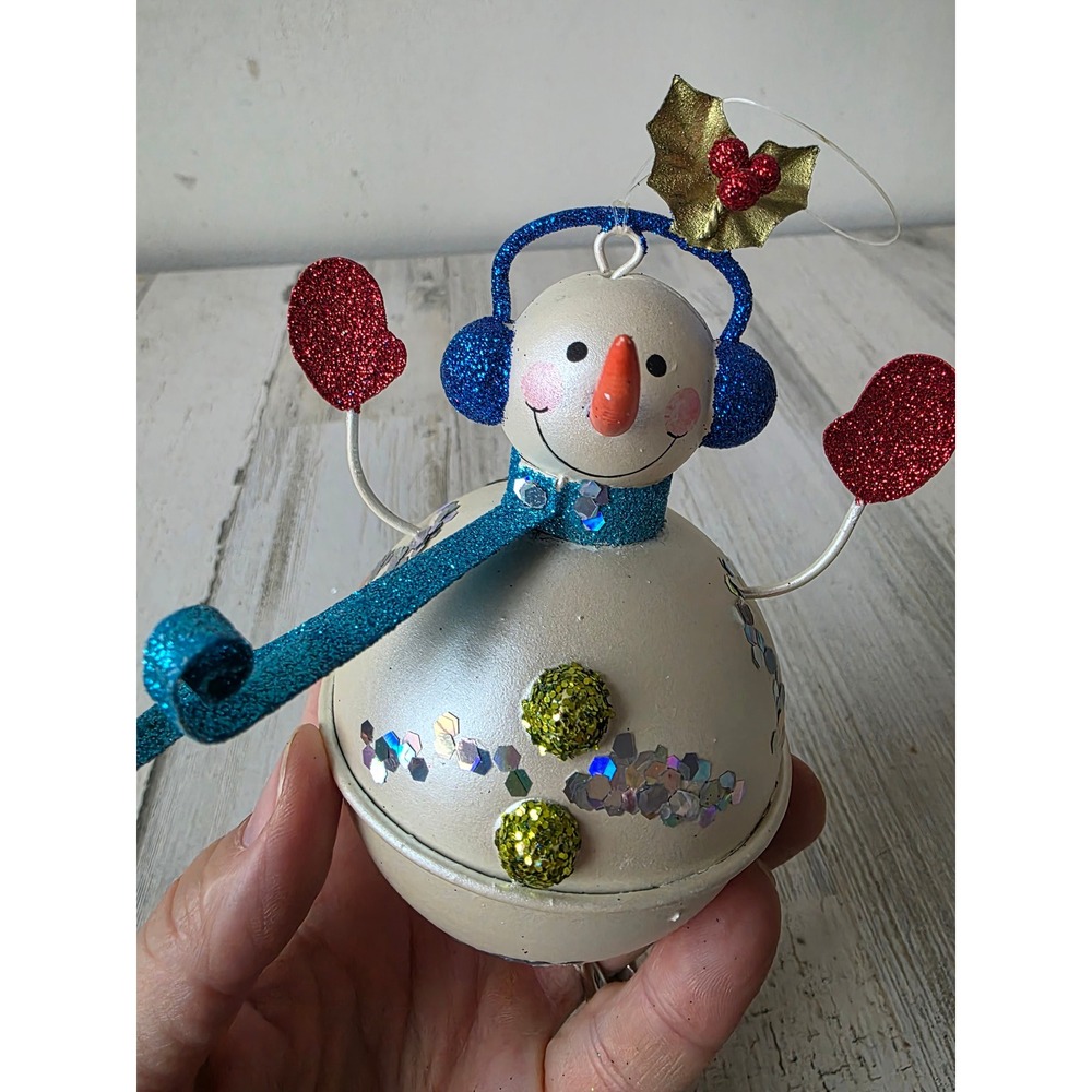 Pier 1 snowman bell glitter ornament RARE blue red pink sequin Xmas tree
